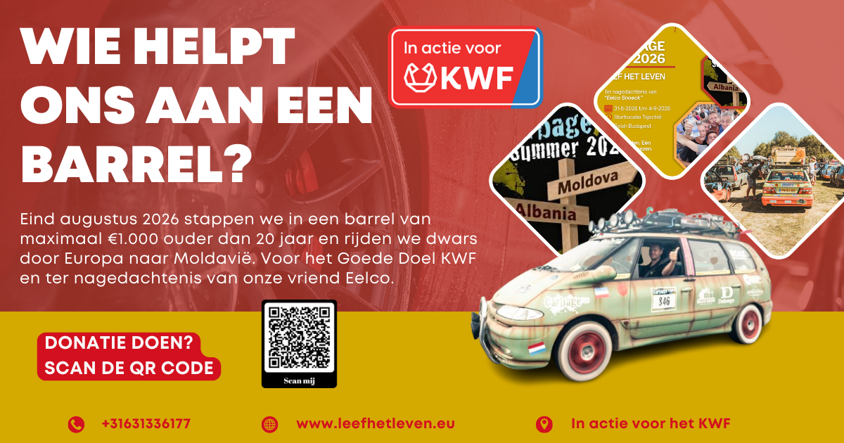 🚗💥 WIE HELPT ONS AAN EEN BARREL? 💥🚗

Eind augustus 2026 gaan wij een avontuur aan dat je niet zomaar vergeet…
In een auto van max. €1.000 (minimaal 20 jaar oud 😅) rijden wij dwars door Europa… helemaal naar Moldavië! 🌍

Waarom?
💙 Voor het goede doel: KWF Kankerbestrijding
💙 Ter nagedachtenis van onze vriend Eelco (14 mei 2022)

Maar… we kunnen dit niet alleen.

👉 Wij zijn op zoek naar een autobedrijf dat ons wil helpen aan een échte barrel – eentje met karakter, een beetje lef en hopelijk genoeg uithoudingsvermogen om de finish te halen 😄

Wat krijg je ervoor terug?
🔥 Promotie op de auto (jouw naam/logo door heel Europa!)
🔥 Aandacht op social media en onze reis
🔥 Eeuwige dankbaarheid én een mooi verhaal

Ken jij of ben jij een autobedrijf dat dit avontuur met ons aan wil gaan?
📩 Stuur ons een bericht of tag iemand hieronder!
www.leefhetleven.eu

Samen maken we er een onvergetelijke rit van – voor een doel dat er écht toe doet. 💙🙏

#BarrelChallenge #GoedeDoel #KWF #Roadtrip #Avontuur #Eelco #SamenSterk